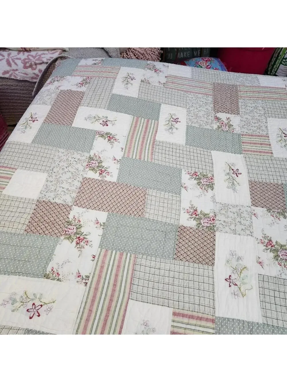 Ribbon Embroidery Cottage Patchwork Quilt Light Greens Pinks Reds Twin